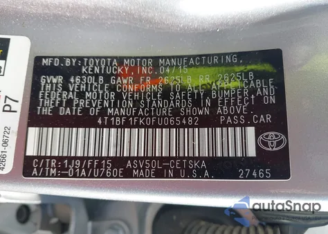 2015 Toyota Camry Se из США, поврежденный, VIN 4T1BF1FK0FU065482